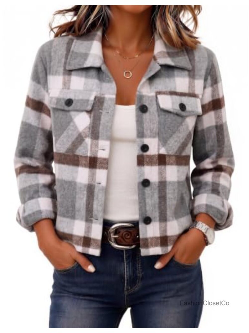 Cropped Plaid Flannel Shacket Button Down Jacket